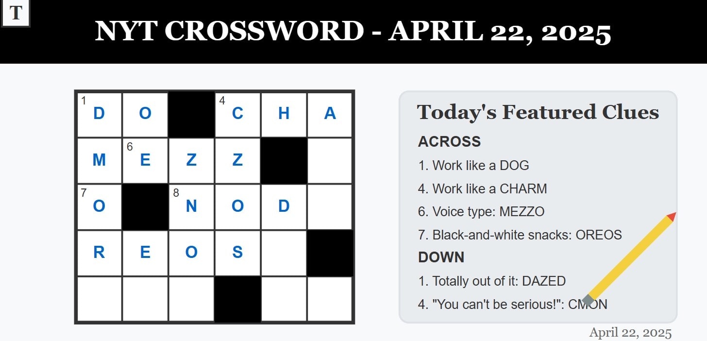 2025年4月22日のNYTクロスワードの回答:「A_のように働く」今日のパズルの手がかり
